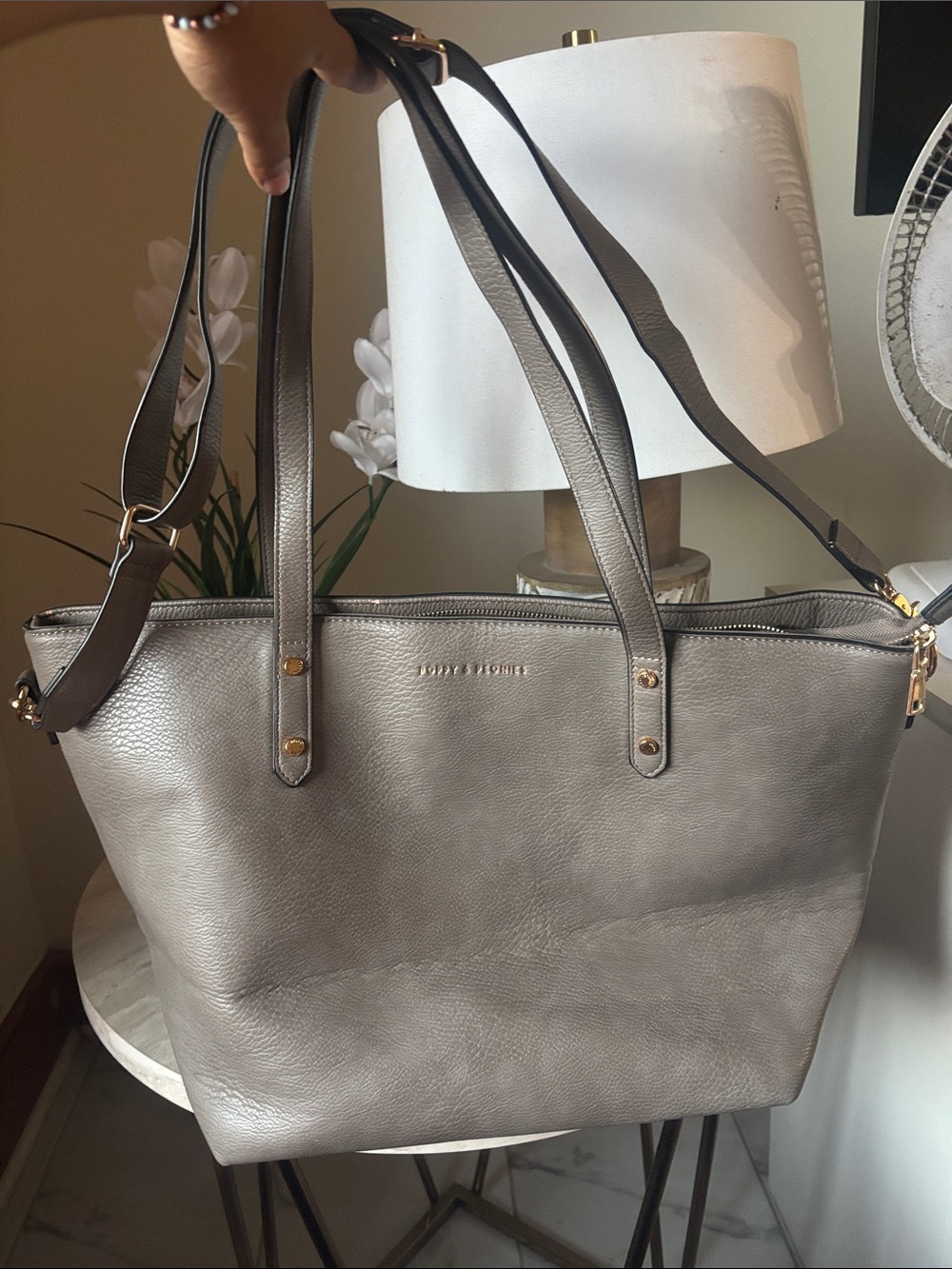 Poppy & Peonies Gray Leather Tote with Dual Straps